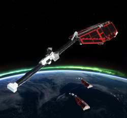 Les 3 satellites Swarm enregistreront les données du champ magnétique terrestre depuis l'orbite basse (460-530 km d'altitude). Crédits: ESA/CARRIL Pierre, 2013.